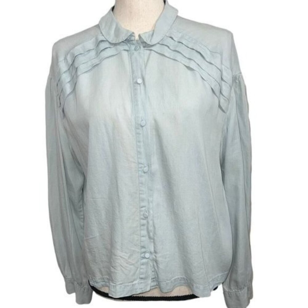 Zara Trafaluc Womens Long Sleeve Button-Up Shirt Large Light Blue Casual Top